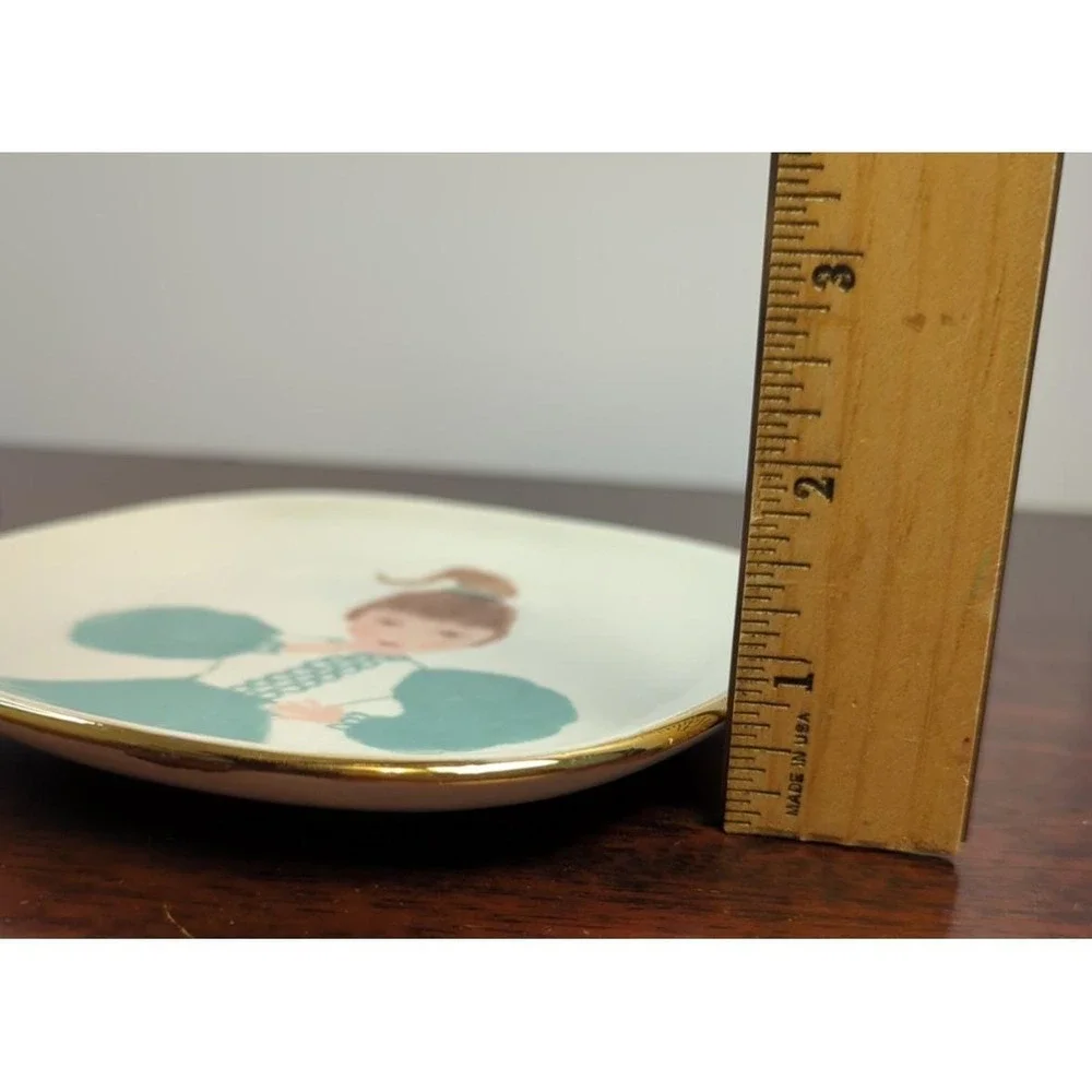 Vintage Little Girl Ceramic Trinket Dish Mid Century Nursery Plate Teal Gold
